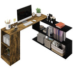 Space-Saving Corner Desk with S-Shaped Shelf, Wooden, 140x120x78 cm, Brown and Black