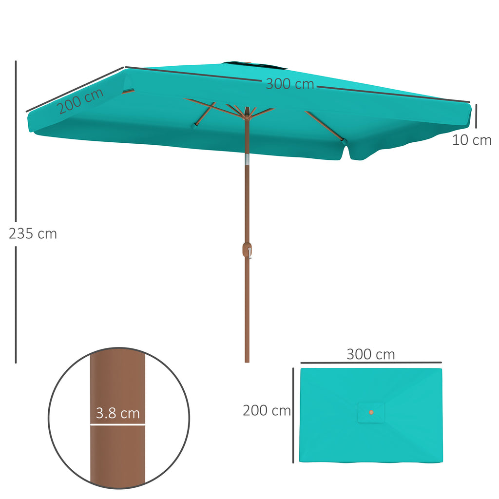 Garden Umbrella 2x3 m with Crank Opening, Tilting and Anti UV 50+, Turquoise
