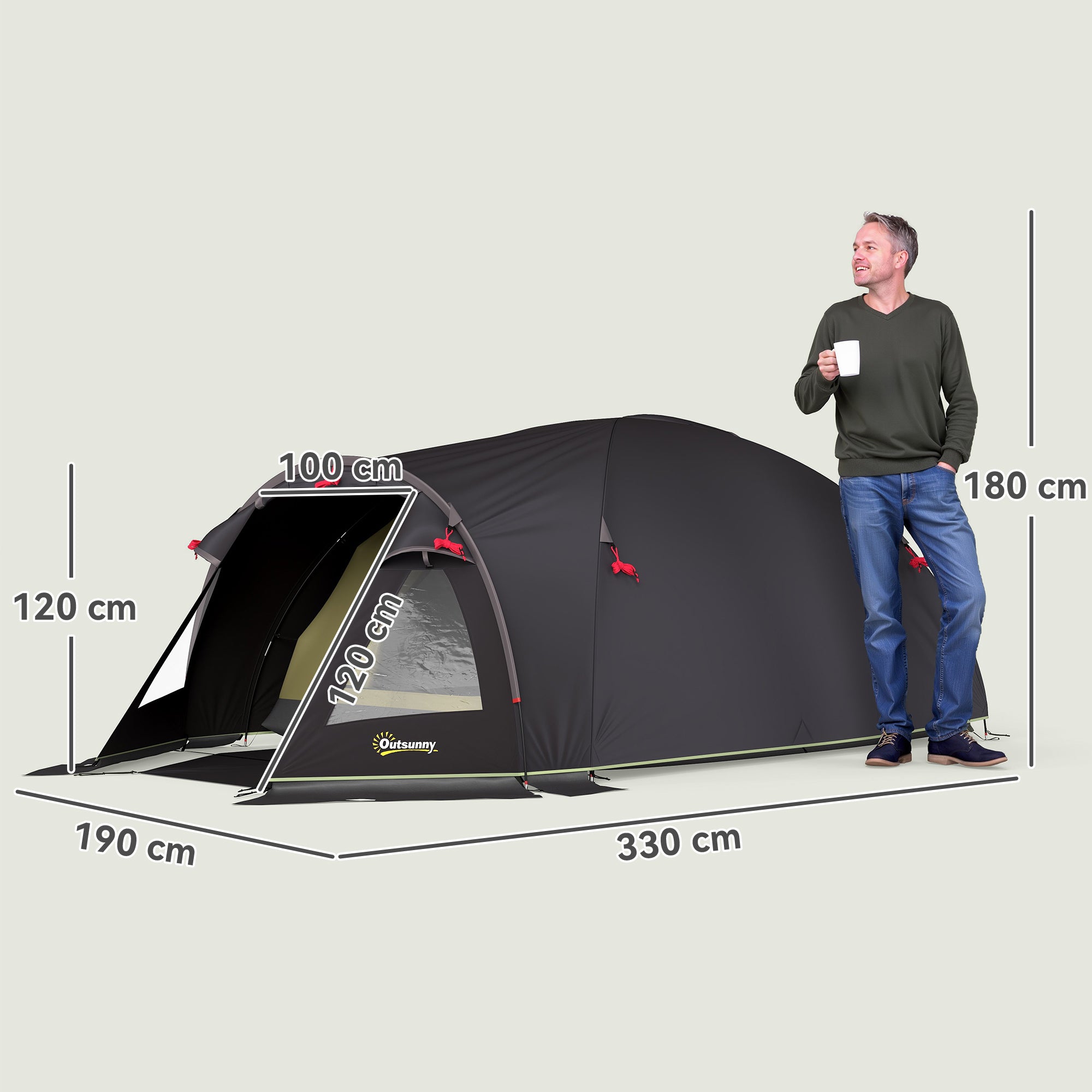 Tunnel Tent for 2-4 People with Side Windows and Hook, 190T Polyester and PE, 3.3x1.9x1.2 m, Black