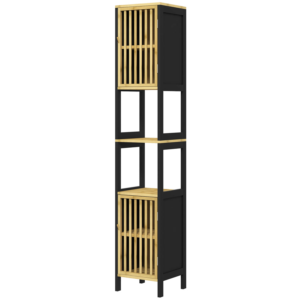 HOMCOM Slatted Bathroom Cabinet with 2 Open Shelves and 2 Cabinets, in MDF and Bamboo, 32x30x172 cm, Black and Wood Color - Borgè