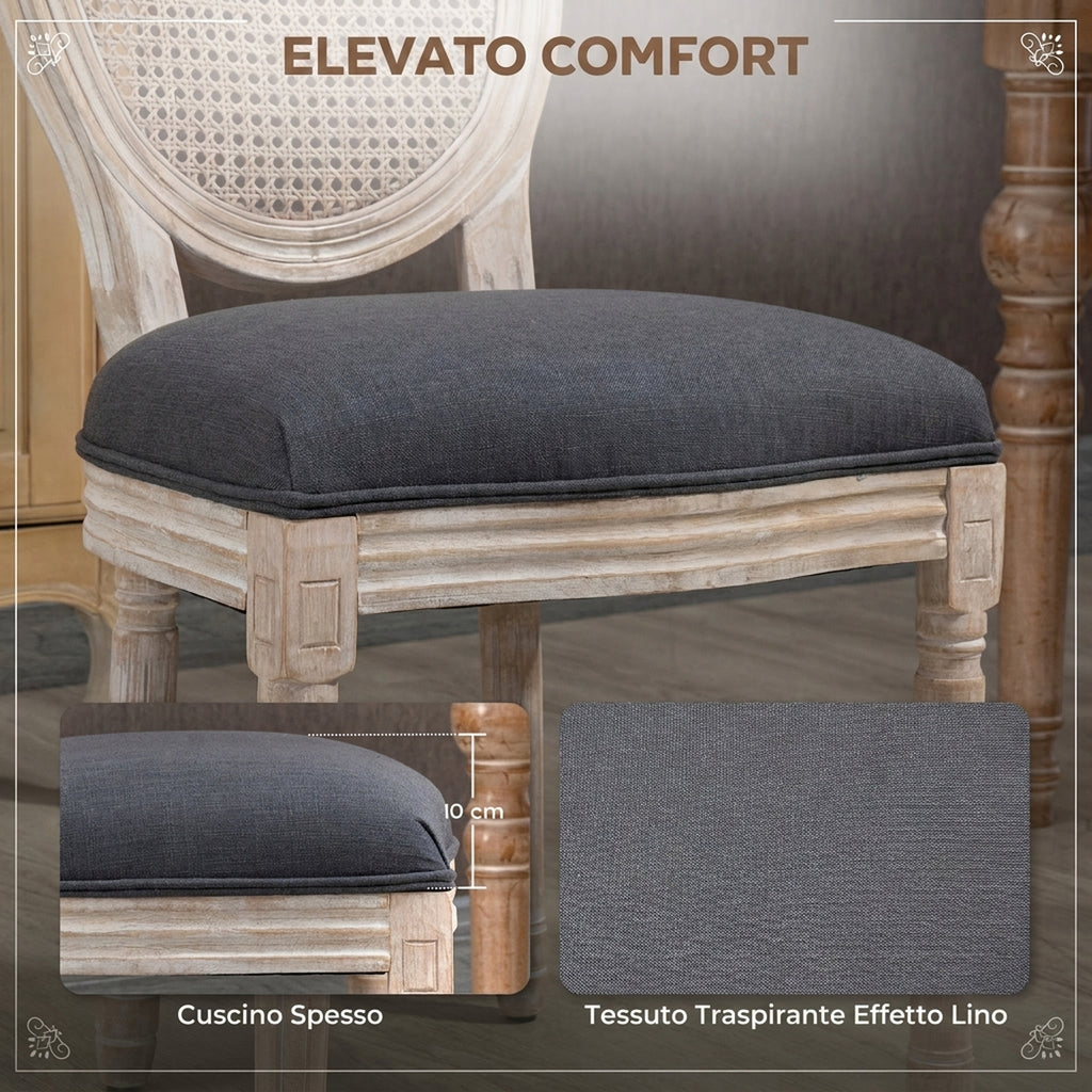 HOMCOM Set of 2 Dining Chairs in Linen-Effect Fabric with Perforated Rattan Backrest, Wooden Legs, Grey