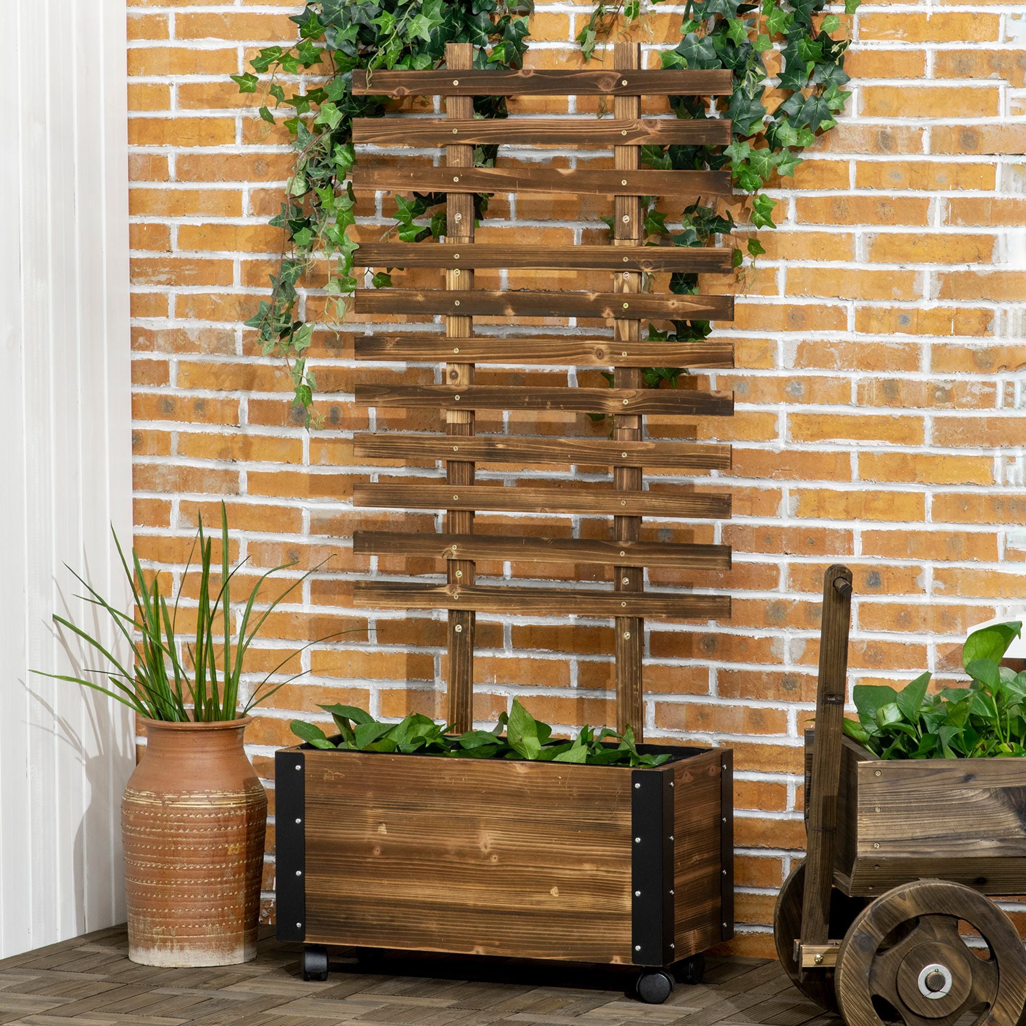 Fioriera outsunny with bucking for climbing and wheels, in fir wood, 65x31x147 cm, brown - Borgè