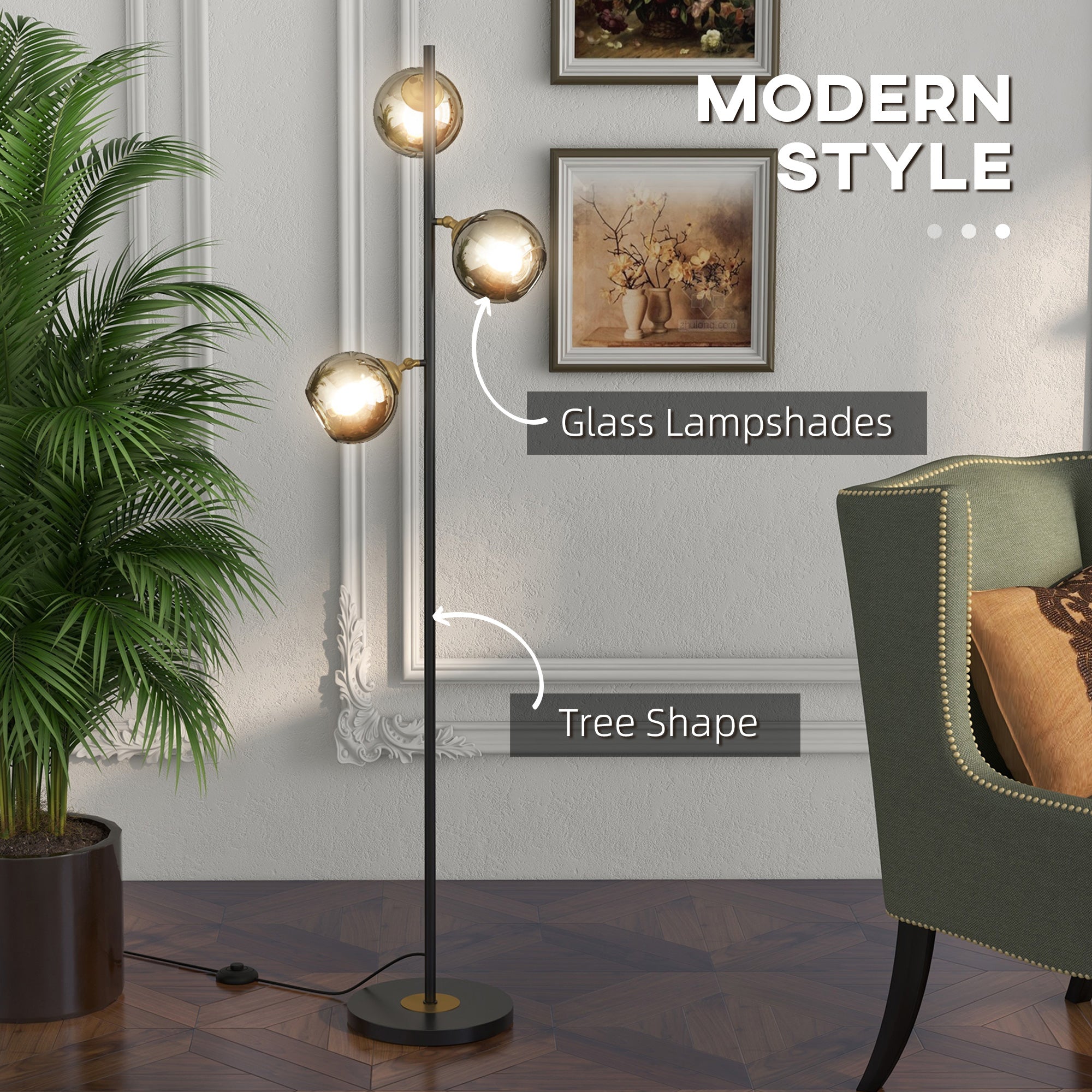 Homcom Tree metal ground lamp with 3 glass lampshades, Ø36x162 cm, black and gray - Borgè