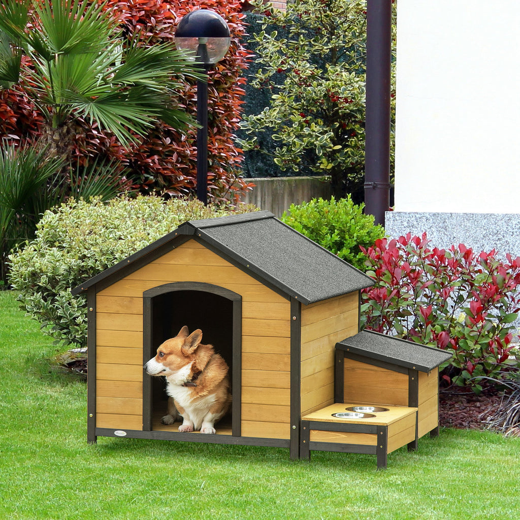 Medium Dog Kennel with 2 Bowl Holders, Outdoor Box and Tar Roof, 130x93x92cm
