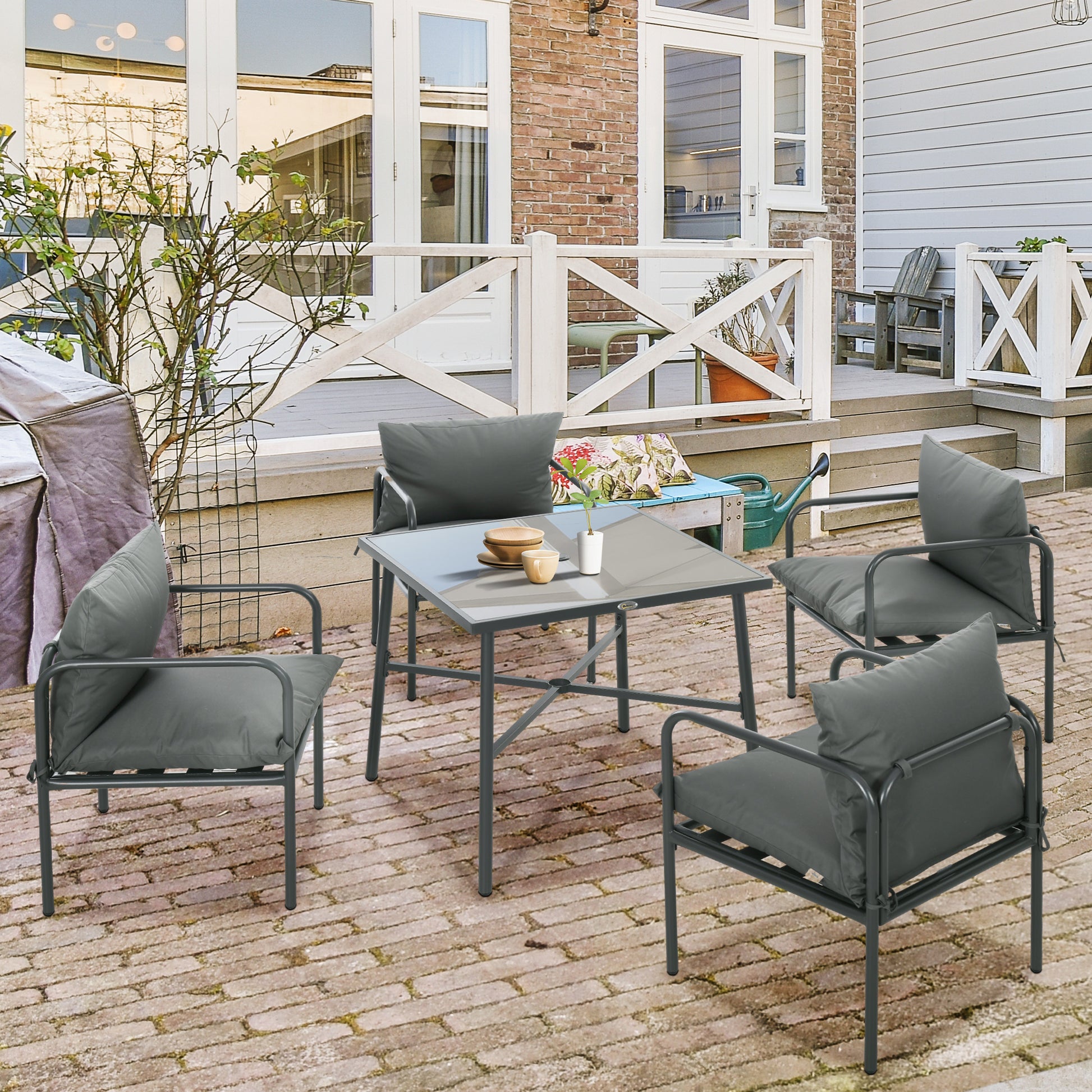 5 Piece Garden Set in Steel with 4 Chairs 58x58x66 cm and Table 80x80x71 cm with Central Hole, Gray - Borgè