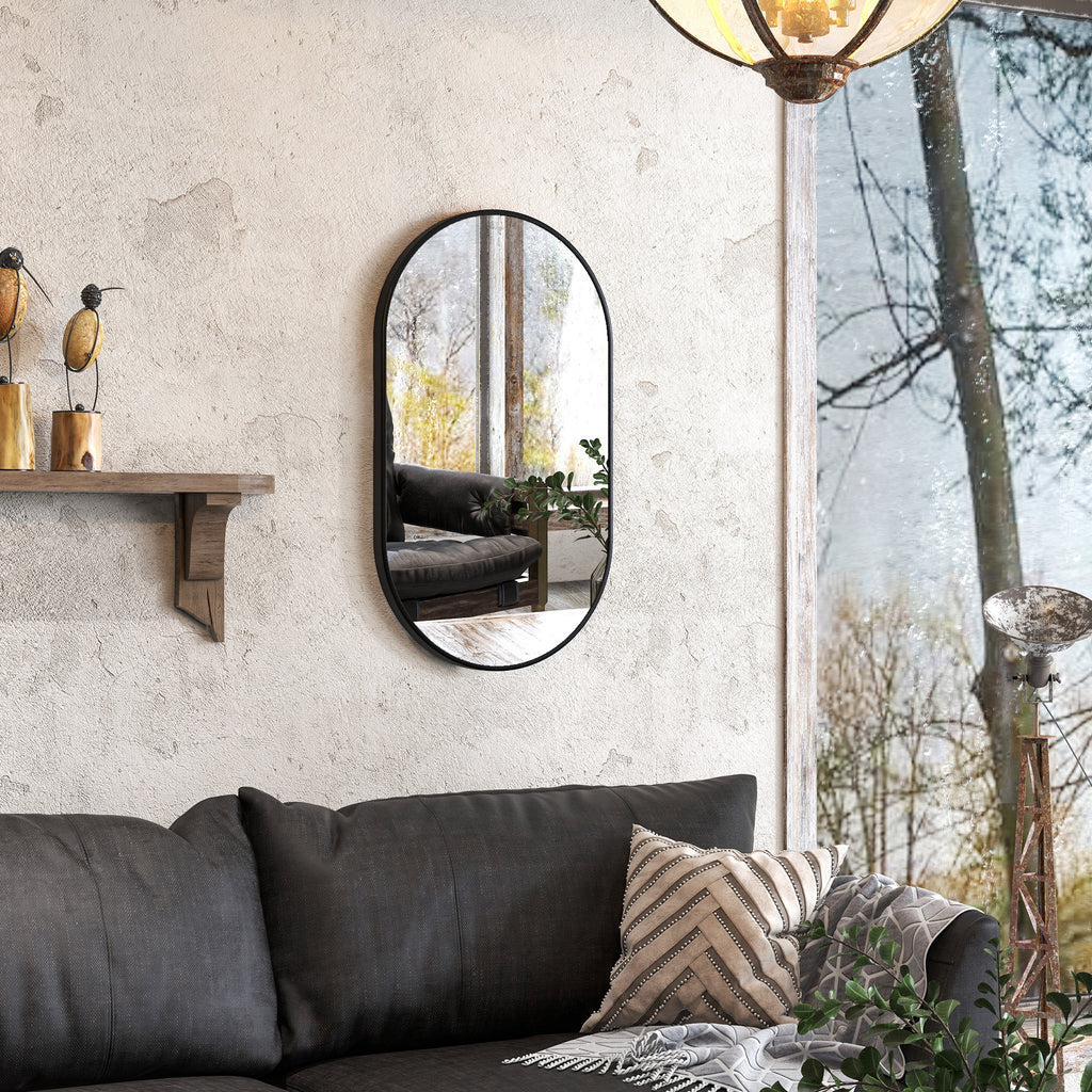 Oval Wall-Mounted Bathroom Mirror with Aluminum Frame, Vertical or Horizontal, 40x70cm, Black