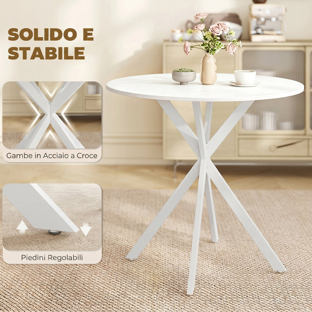 HOMCOM Industrial Style Round Dining Table with Steel Cross Legs, Ø80x75 cm, White