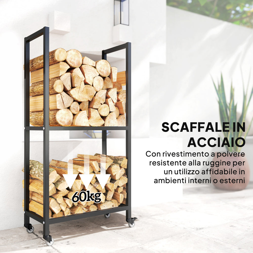 Outsunny Two-Tier Indoor and Outdoor Log Rack with Reinforced Steel Wheels, 60x30x119 cm, Black