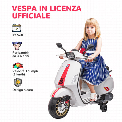 AIYAPLAY Electric Motorcycle for Children with Vespa License with Wheels, Light and Music, in PP and Metal, 107x47x73 cm, White