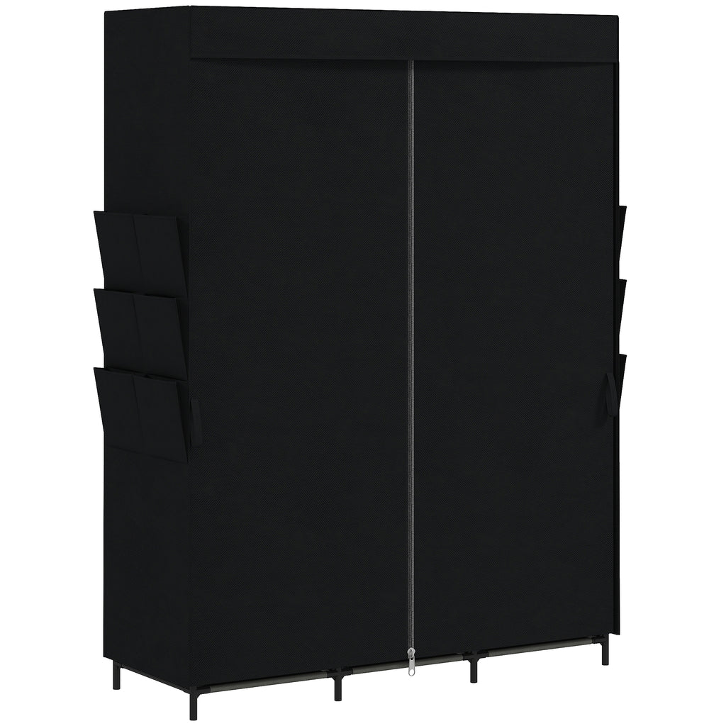HOMCOM Space-Saving Fabric Wardrobe with 3 Rods, 3 Shelves, 6 Side Pockets, Dustproof Doors with Zip, Black