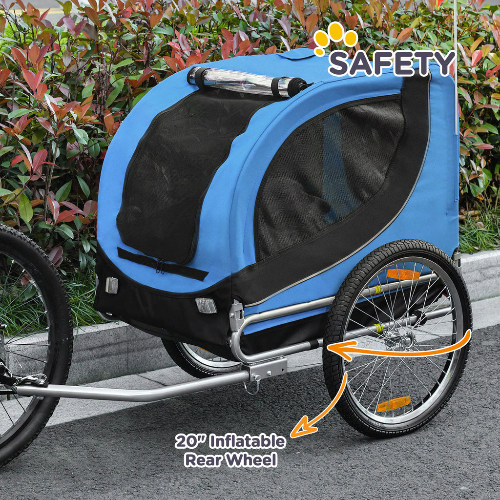 Medium Dog Bike Trailer with Attachment Point, Side Windows and Flag, Steel and Oxford Fabric Bike Trailer, 130x73x90 cm, Blue and Black