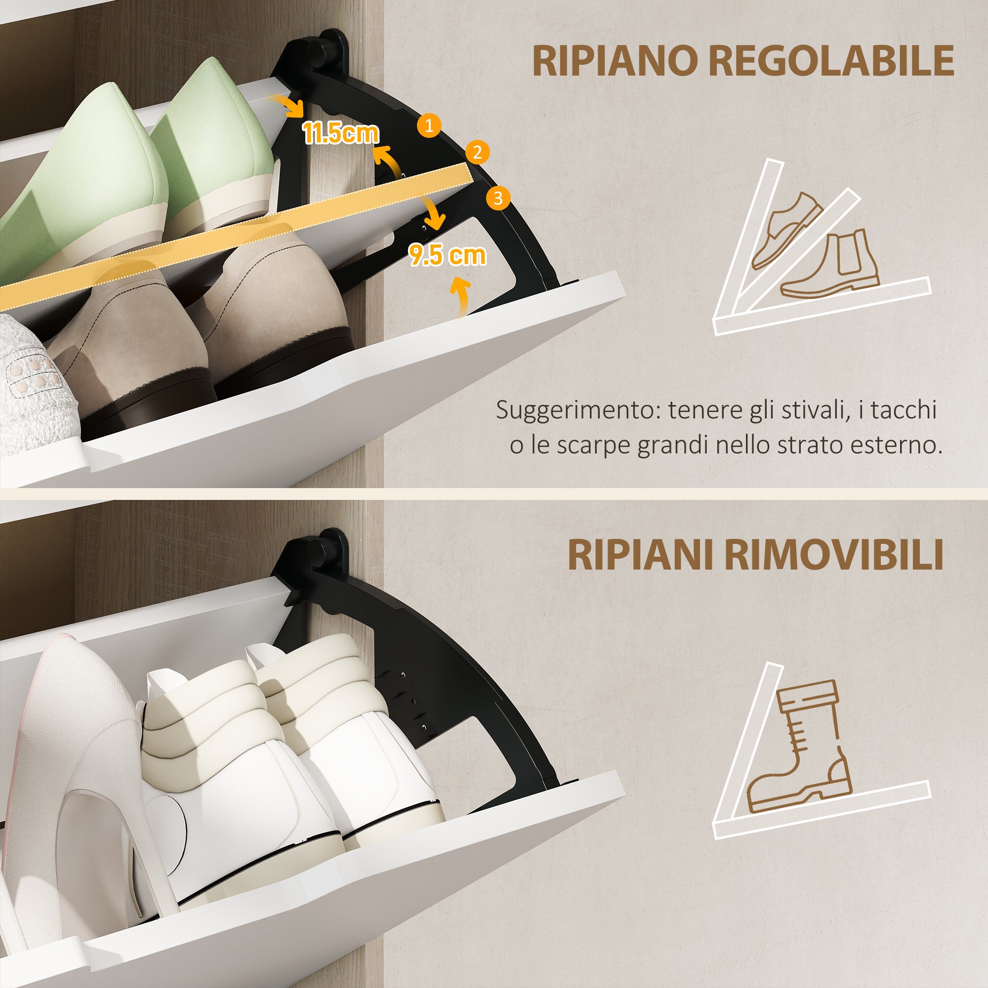 Space-Saving Slim Shoe Rack with 4 Drawers for 20 Pairs of Shoes, 62.5 x 26 x 156 cm, Wood and White