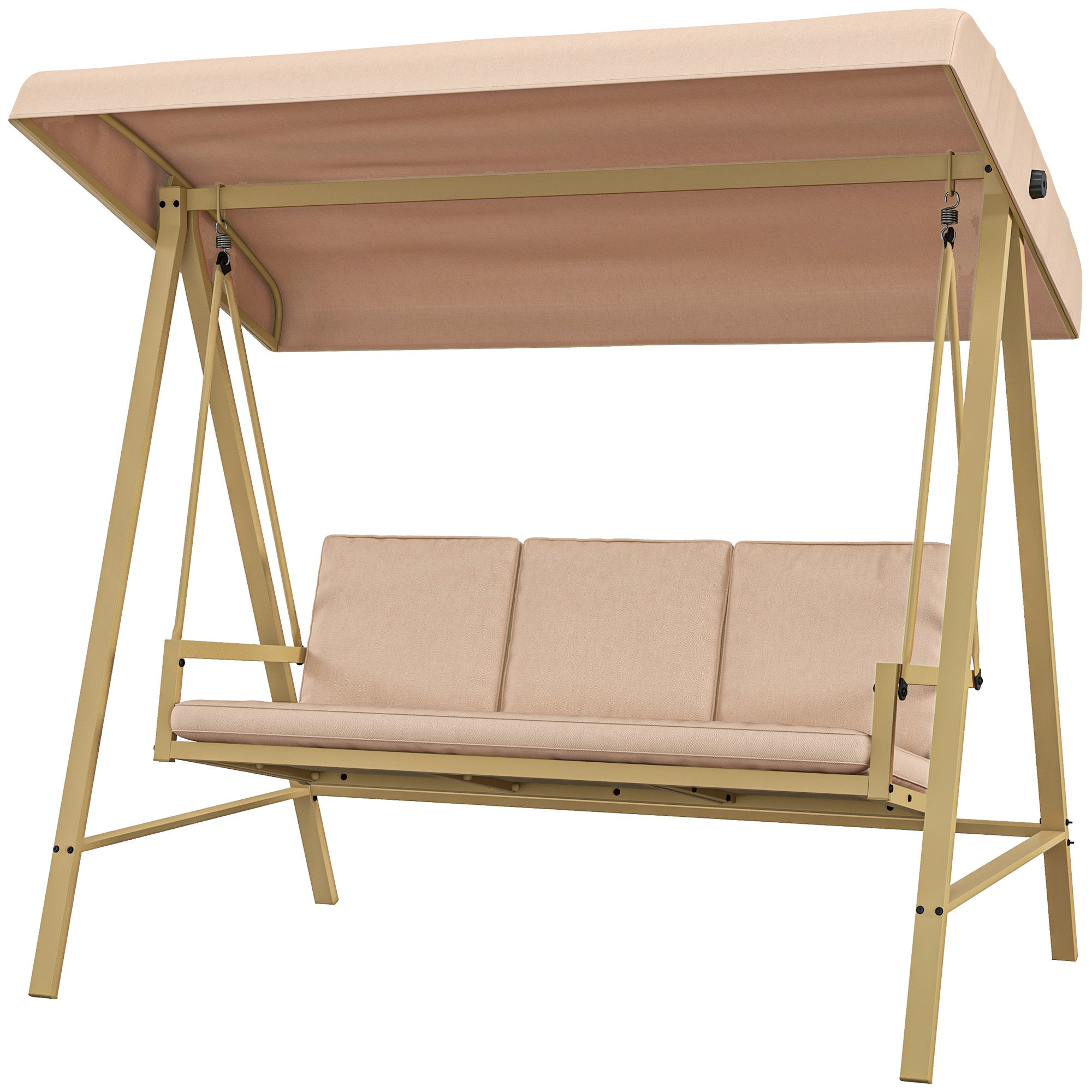 3-Seater Swing with Tilting Canopy and Cushions, in Steel and Textilene, 200x125x175 cm, Beige and Brown