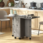 6-Wheel Drop-Leaf Table with 2 Drawers and Cabinet Doors, Wooden, 120x60x76.5 cm, Grey