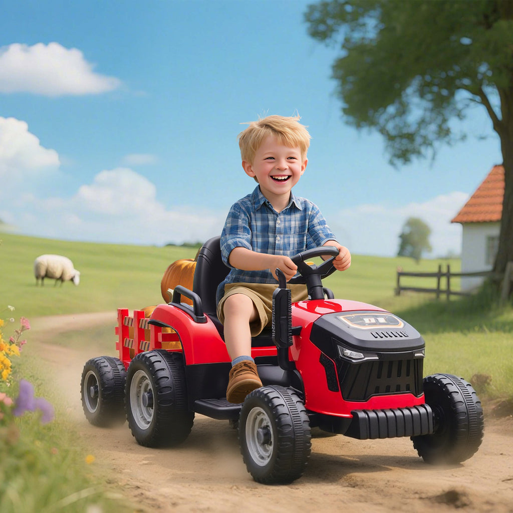 AIYAPLAY 2 in 1 Electric Tractor for Kids Ages 3-8 with Detachable Trailer, Remote Control, Music, Lights, Red