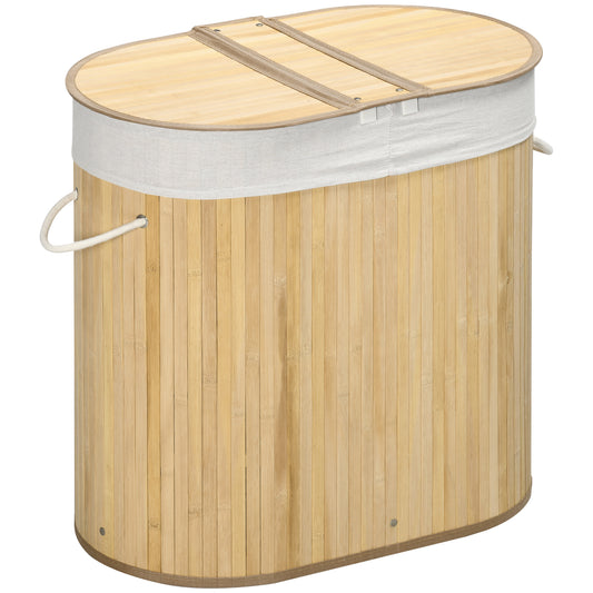 Laundry Basket 2-Section , 2 Lids and 100L Capacity with Removable Internal Bag, 62.5x37x60.5 cm