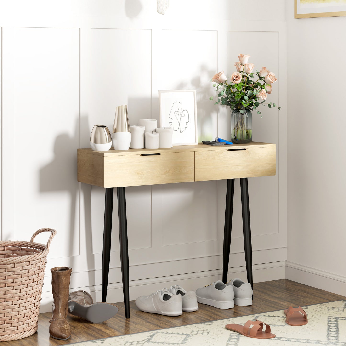 HOMCOM Nordic Style Hallway Console with 2 Drawers in Wood and Steel, 100x30x80.5 cm, Oak