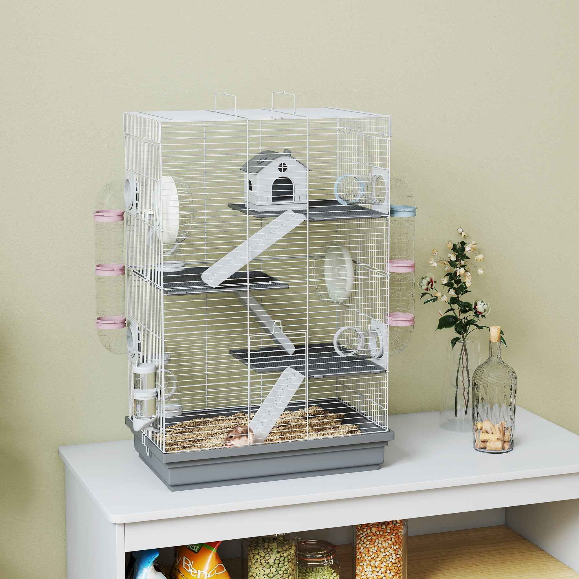 PawHut 4-Tier 16-Tube Hamster Cage with House, Ramp, and Accessories, Metal and Plastic, 47x30x70 cm, Grey