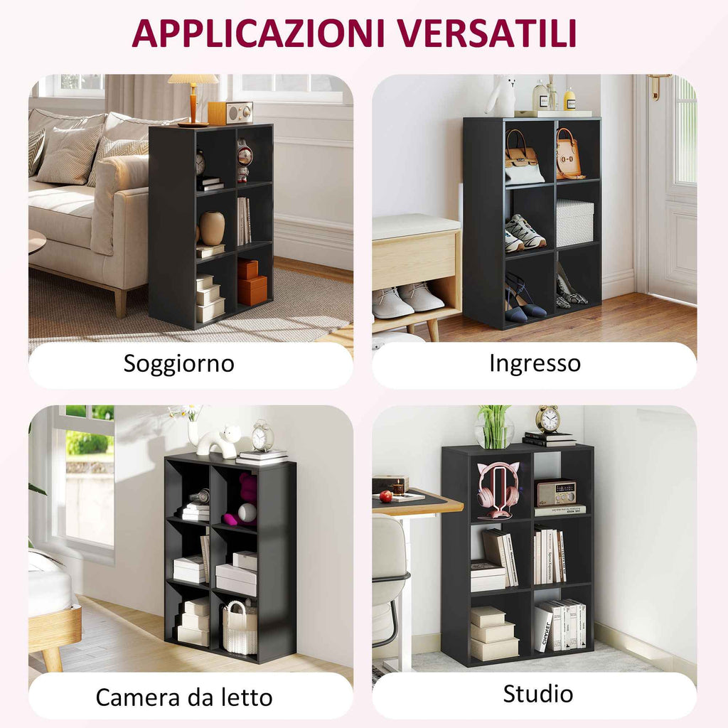 HOMCOM Cube Bookcase with 6 Storage Shelves, Wooden, 61.5 x 29.5 x 91.5 cm, Black