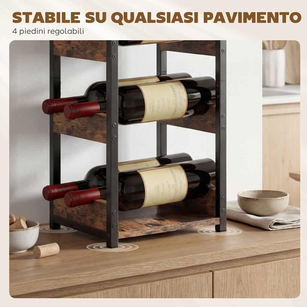 HOMCOM Wine Rack, Wavy Shelves, Adjustable Feet, Rustic Brown, Black.