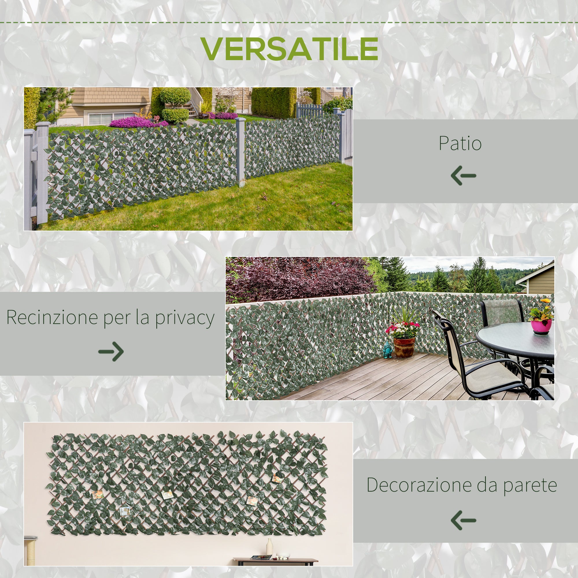 8-Piece Extendable Green Hedge for Outdoors, Made of Wood and Polyester, 200x100cm
