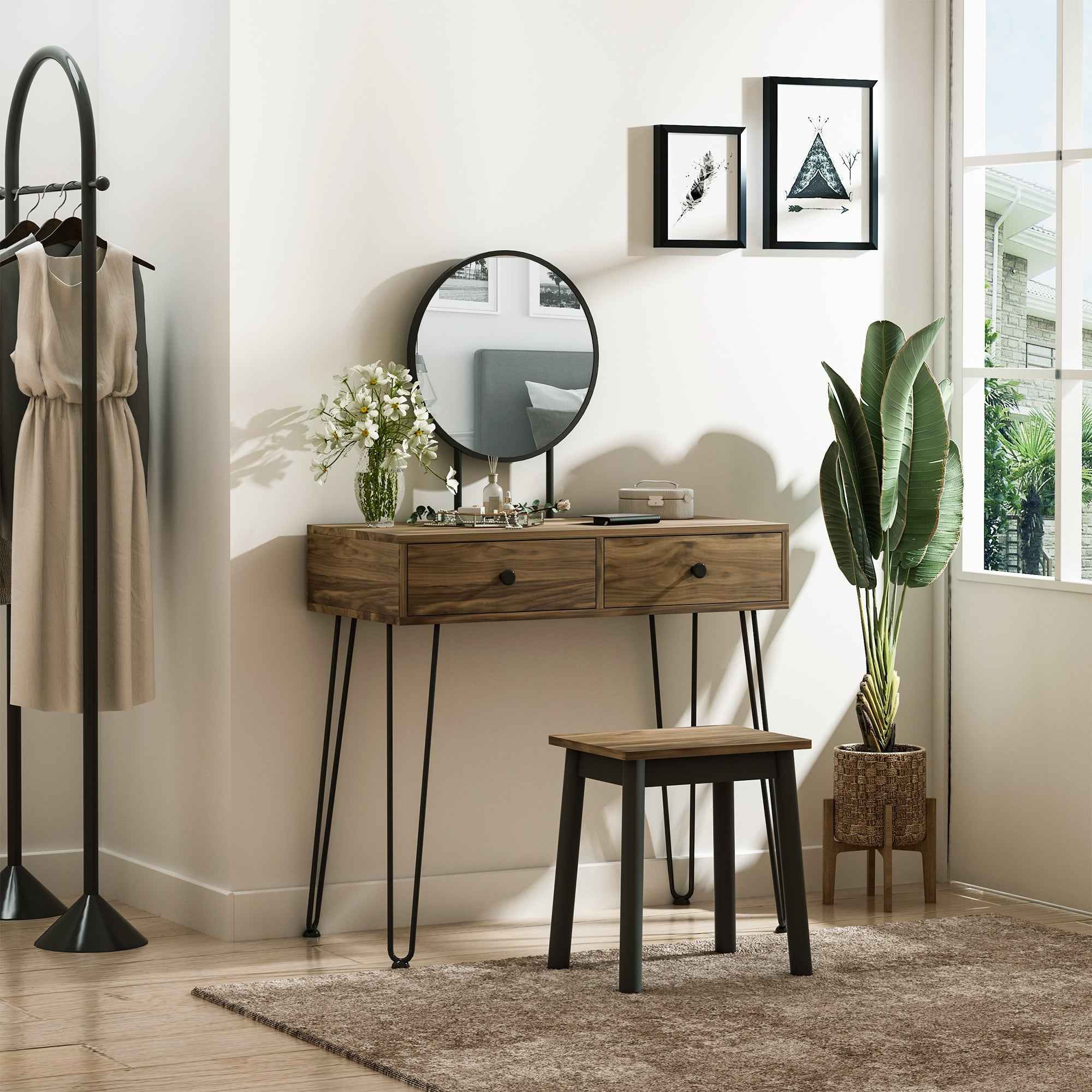 HOMCOM Wooden and Metal Makeup Table with Stool and Mirror, Walnut Color