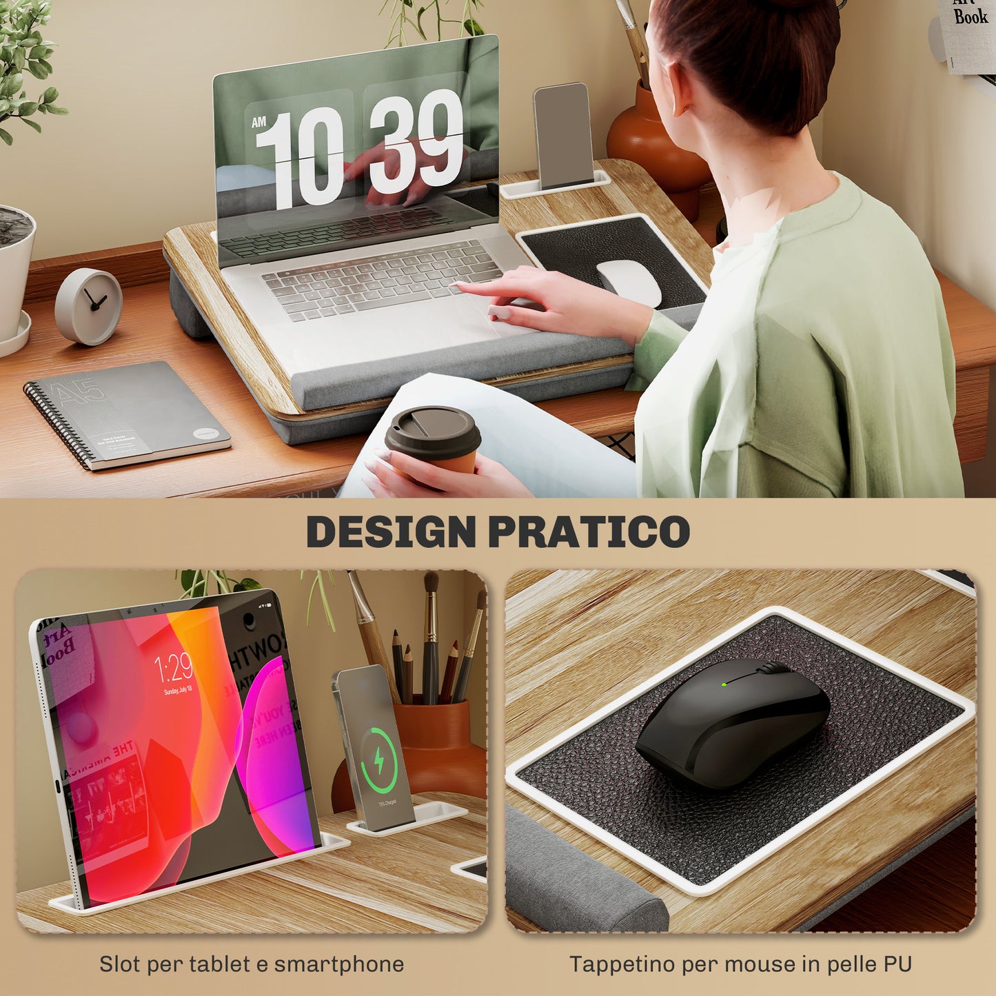 15.6" Laptop Stand with Mouse Pad and Palm Rest, Tablet and Smartphone Slot, Oak