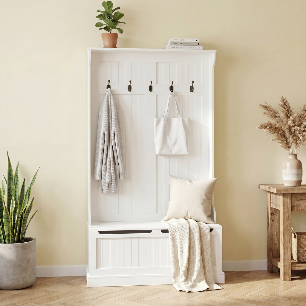 HOMCOM 179.7cm Freestanding Coat Rack with Shoe Bench, 5 Hooks, Anti-Tip Device, for Entryway, Cream