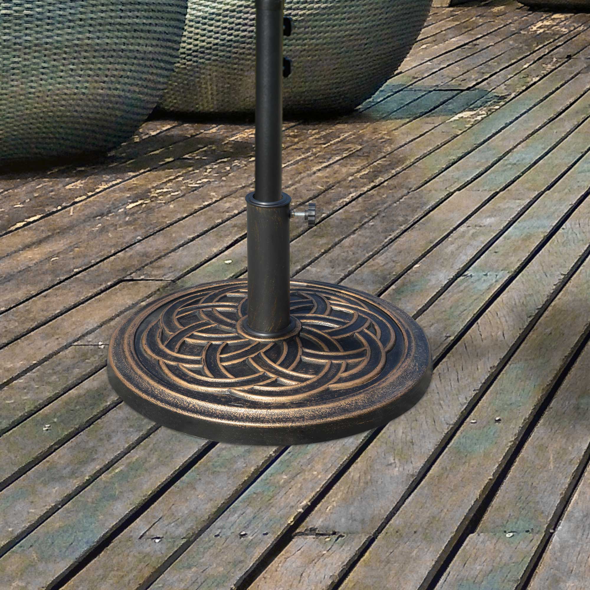 12kg Round Resin Umbrella Base with Decoration, for 38mm and 48mm Poles, Φ45x33cm, Bronze