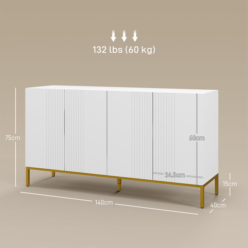 HOMCOM Modern 4-Door Sideboard with Soft Closing and Adjustable Shelves, 140x40x75cm, White and Gold - Borgè