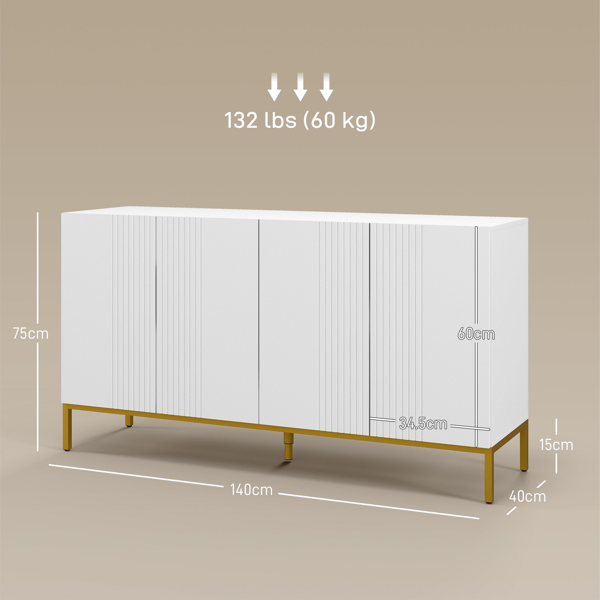 HOMCOM Modern 4-Door Sideboard with Soft Closing and Adjustable Shelves, 140x40x75cm, White and Gold - Borgè