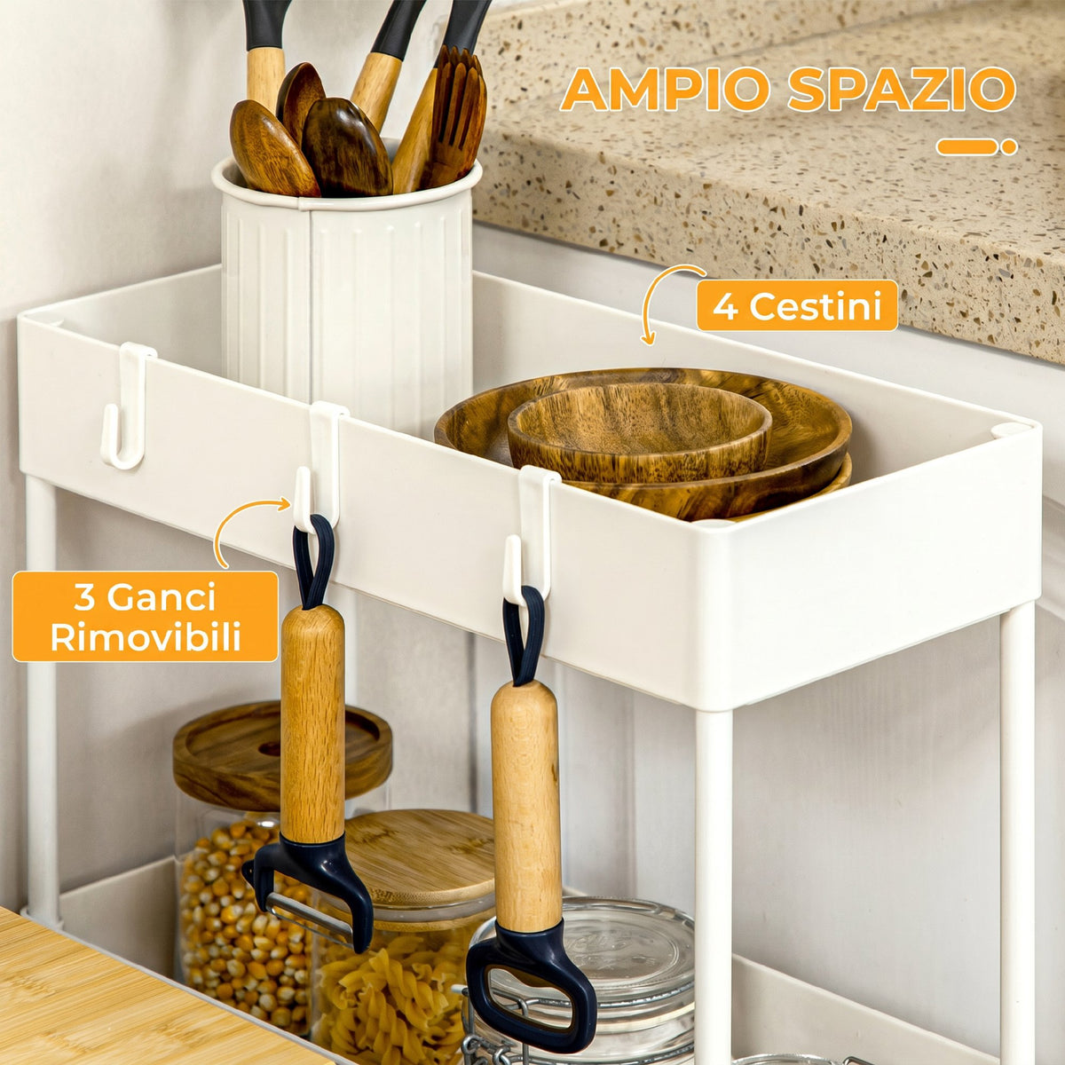 HOMCOM 4-Tier Kitchen Cart with Hooks, Steel and Plastic on Swivel Wheels for Living Room, Office and Laundry Room, 40x19x90 cm, White