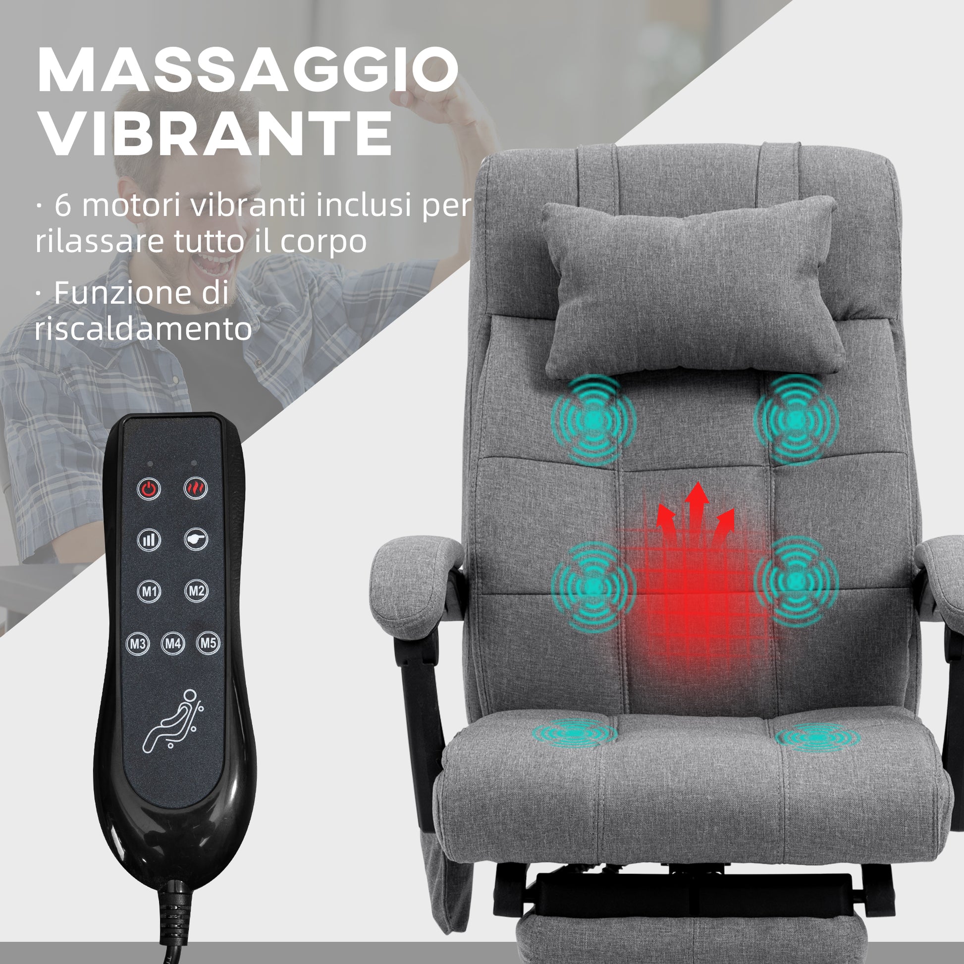 Reclining and Heating Office Chair with 6 Massage Points and 5 Modes, Gray - Borgè