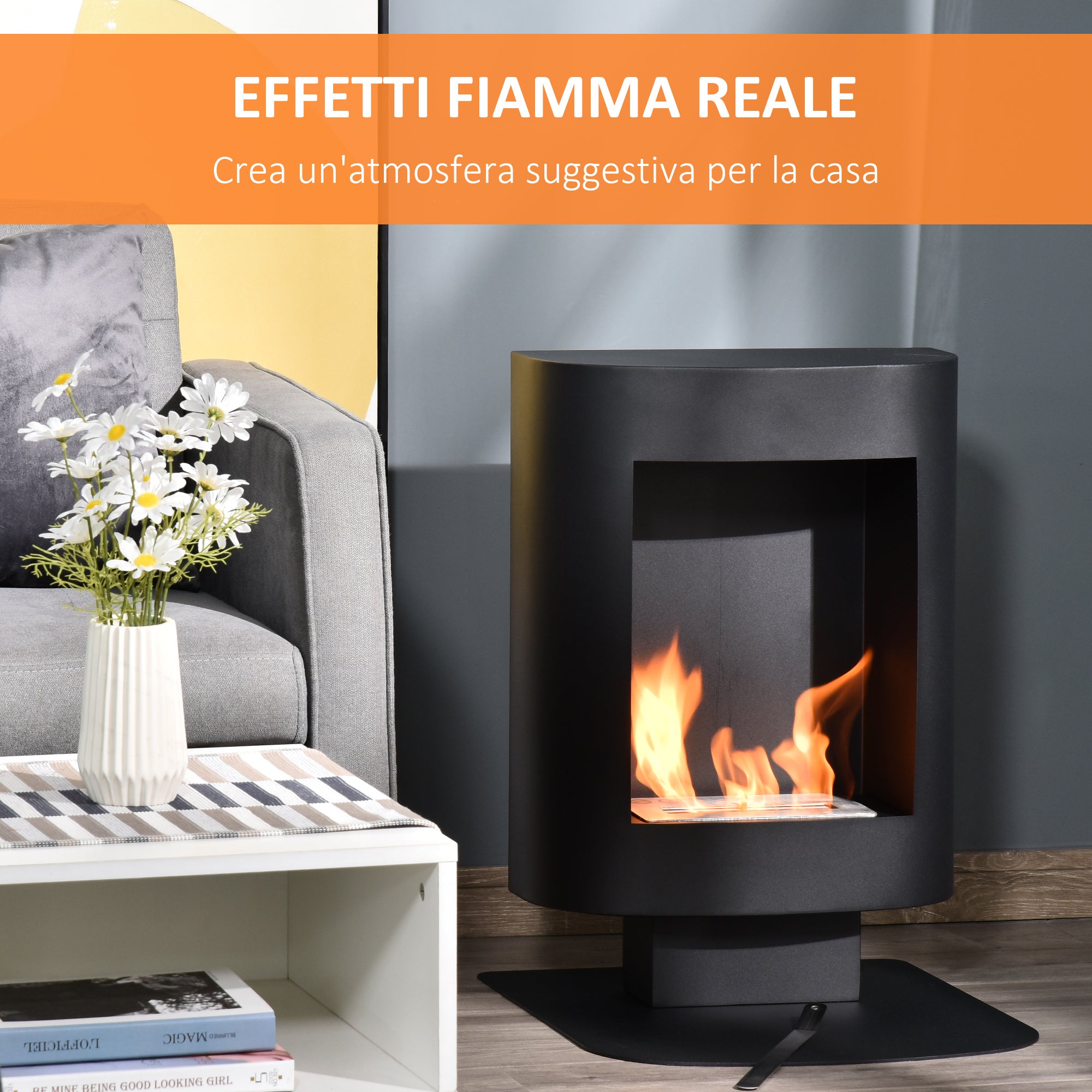 Bioethanol Fireplace with 1.5L Tank, Coverage up to 20㎡, 46.5x53x65cm, Black