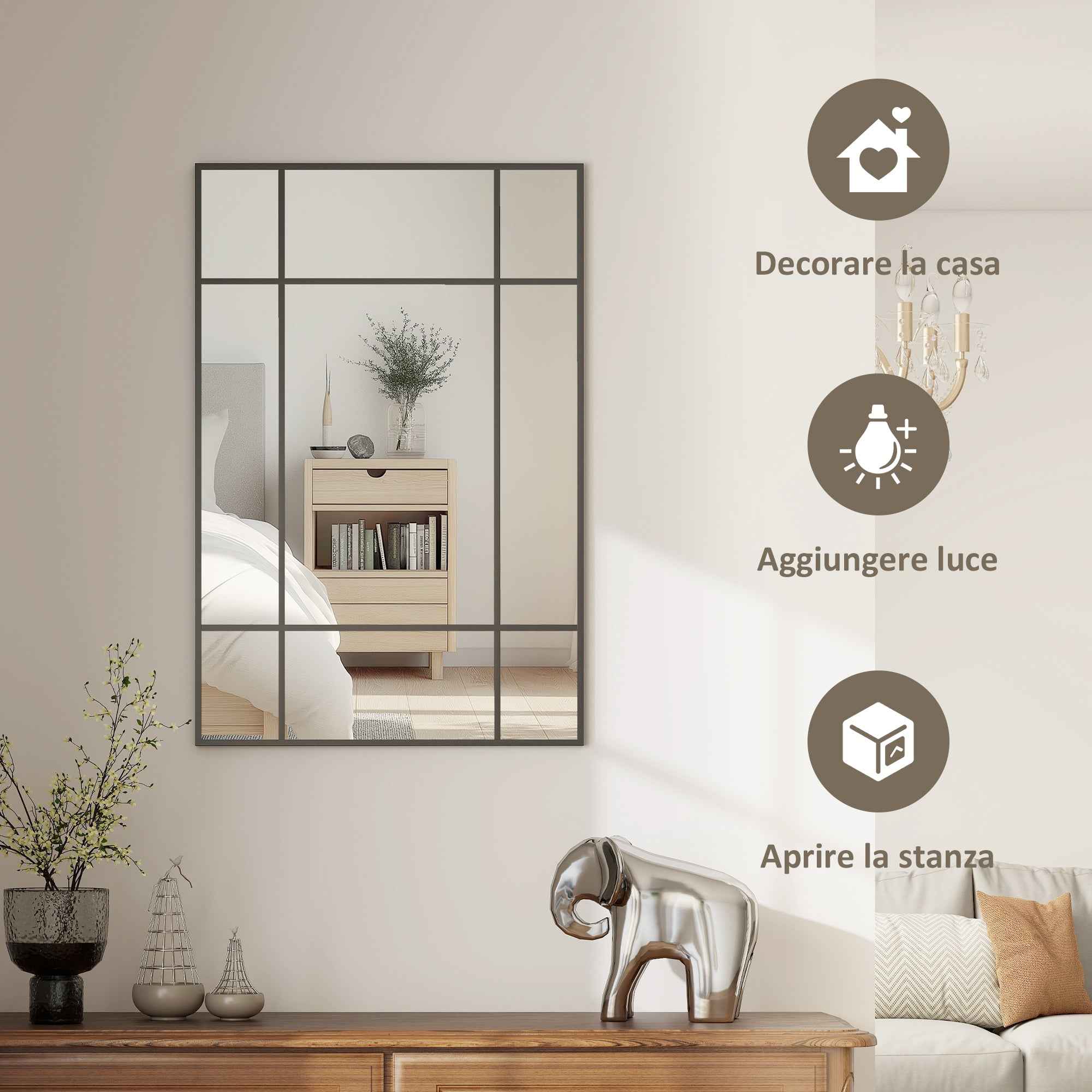 HOMCOM Window Style Wall Mirror with Vertical and Horizontal Mounting, 90x60 cm, Black