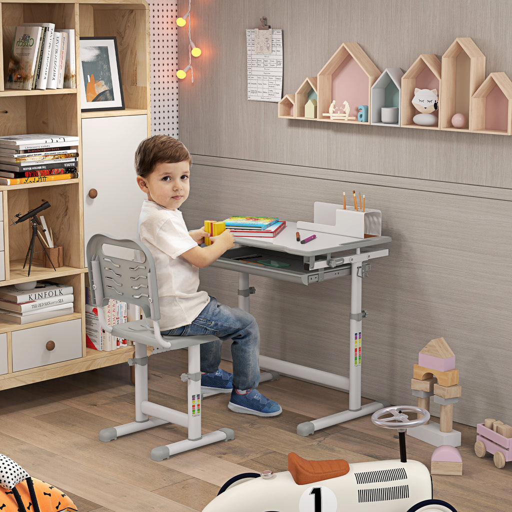 Children's School Desk for 6-12 Years with Chair and Adjustable Height, Tiltable Top, 66x47x52-77 cm, Grey