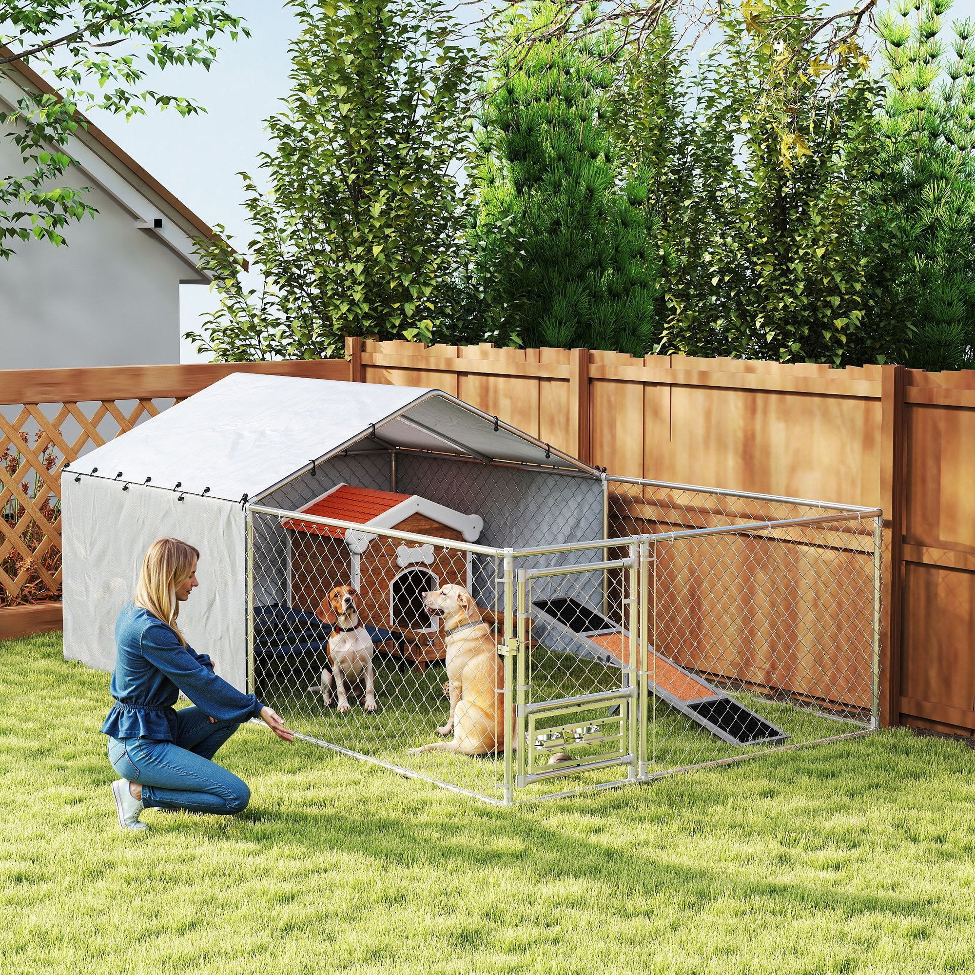 Dog Playpen with Covers and Rotating Bowls, Steel and Oxford Fabric, 4x2.3x1.5 m, Silver