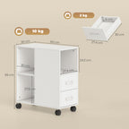HOMCOM Minimalist Side Table with Wheels, 2 Drawers, Open Compartment and Adjustable Shelf, Wooden, 60x30x65 cm, White