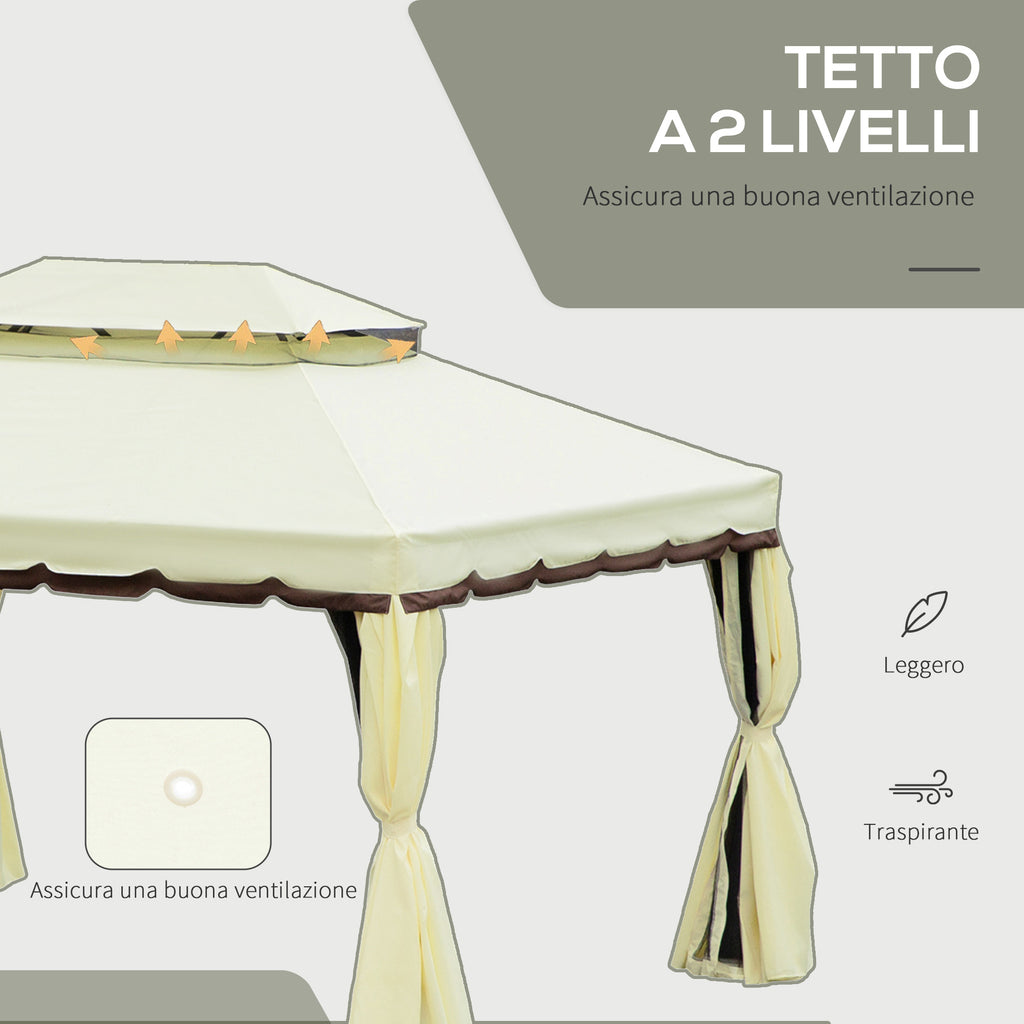 Outsunny 4x3m Garden Gazebo with Mosquito Net and Curtains, Double Roof and Anti-UV Coating, Cream