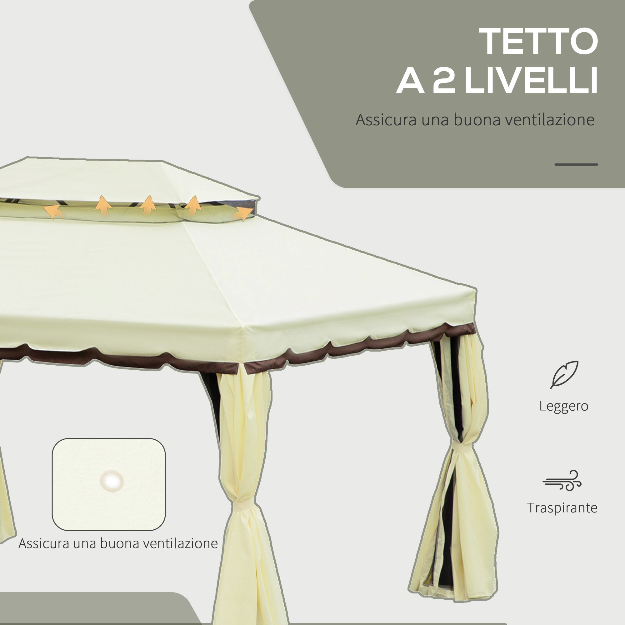 Outsunny 4x3m Garden Gazebo with Mosquito Net and Curtains, Double Roof and Anti-UV Coating, Cream