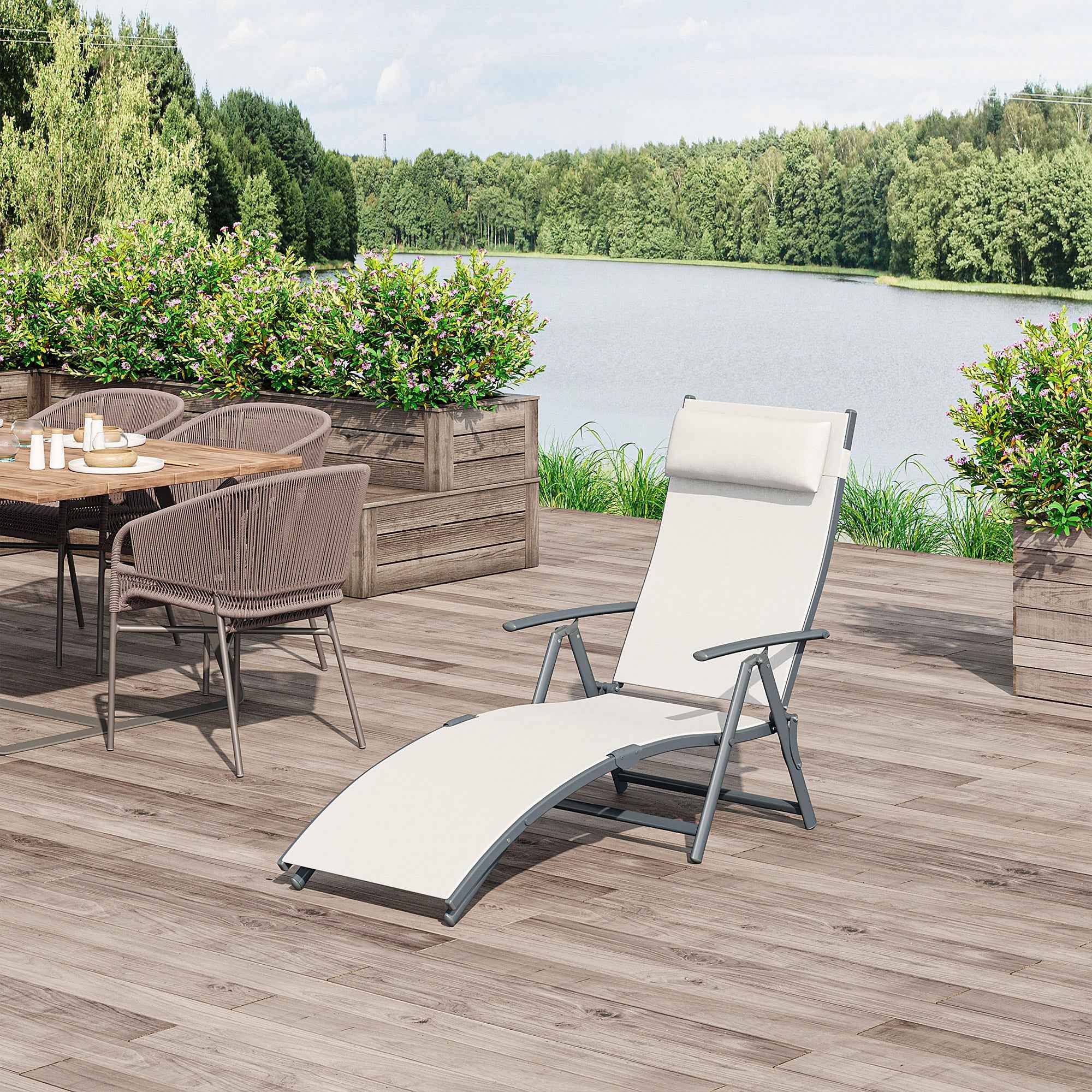 Outsunny Folding Garden Lounger with Cushion, 7-Reclining Backrest, 137x63.5x100.5cm, Beige