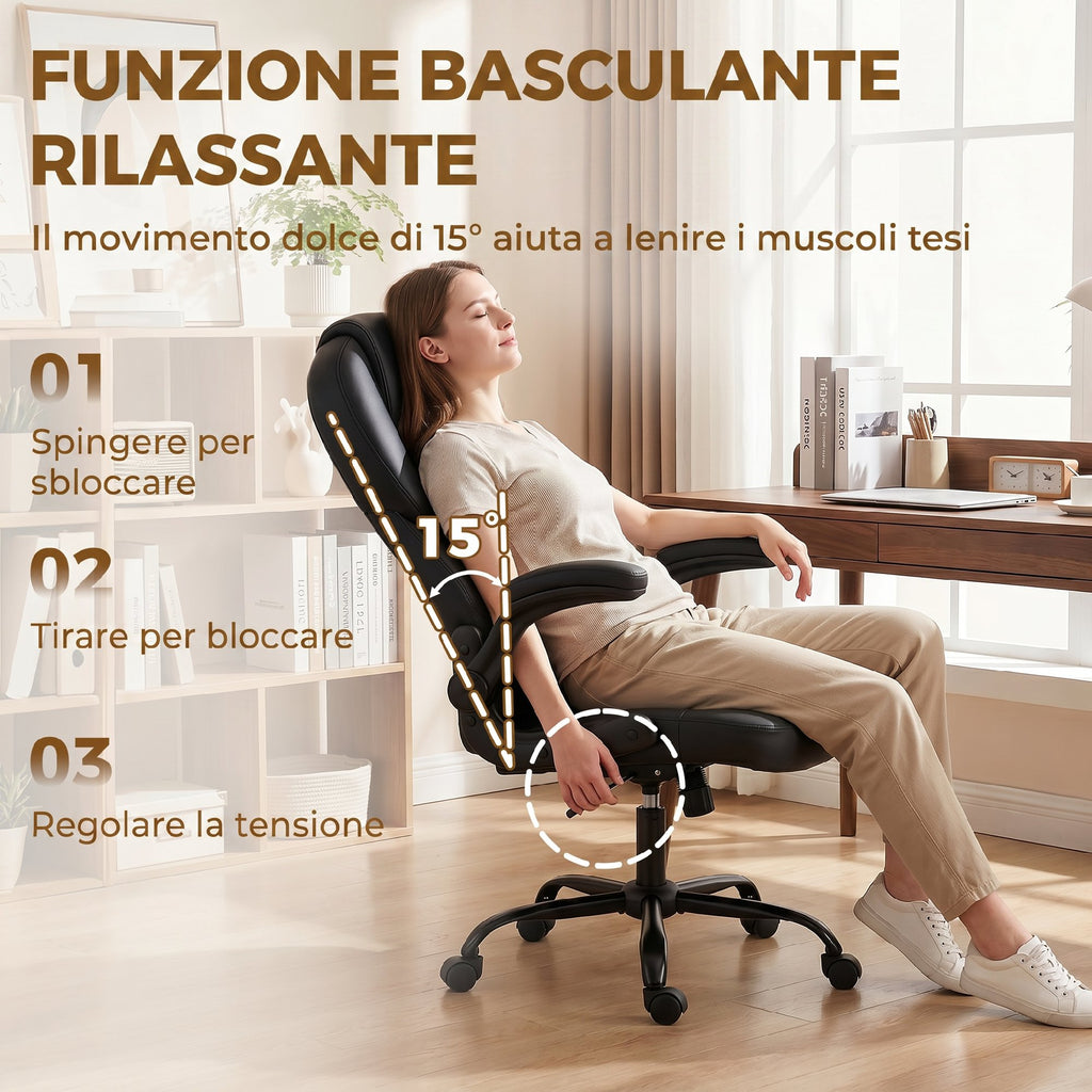 HOMCOM Swivel Office Chair, Rocking Function, Foldable Armrests, High Backrest, Adjustable Height, Black