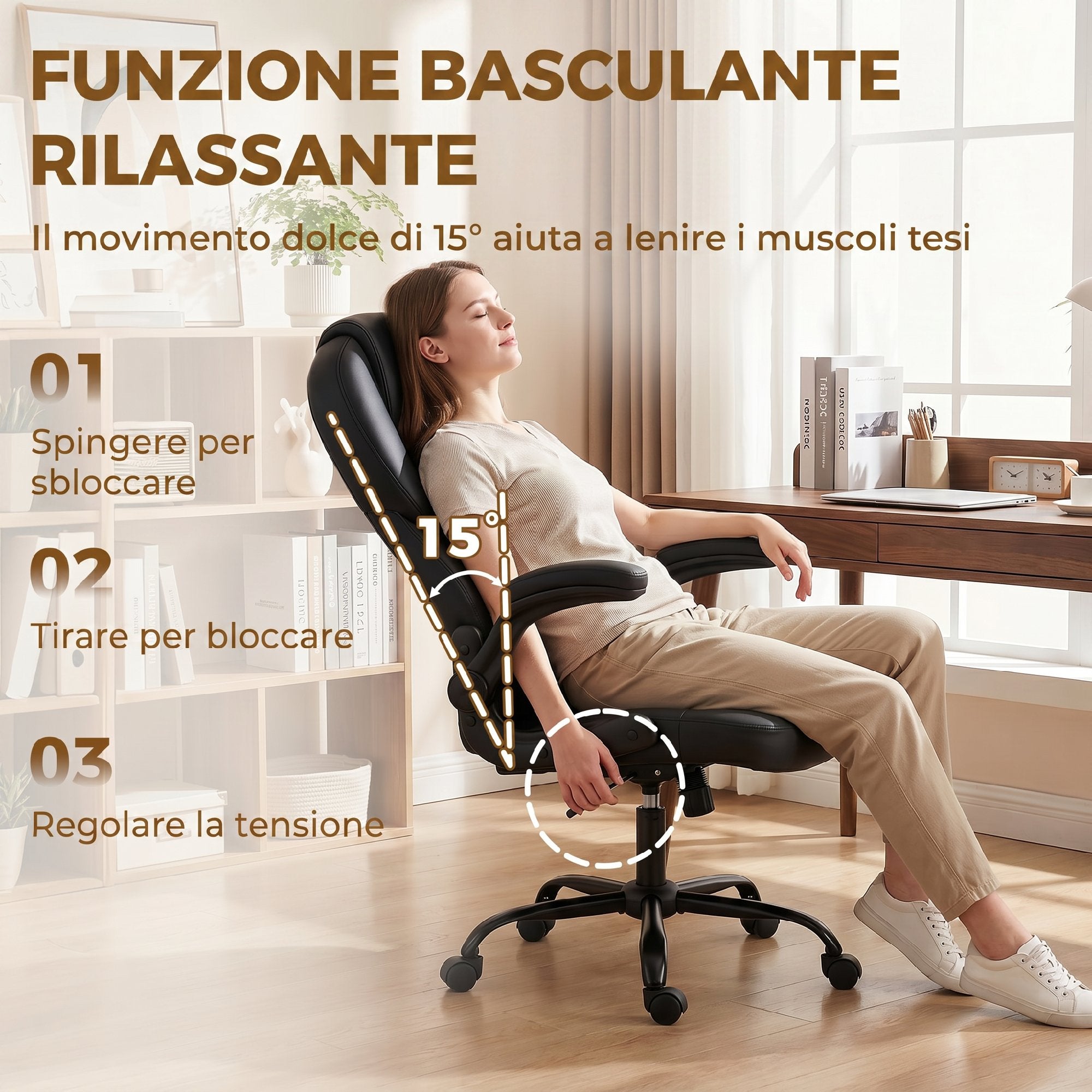 HOMCOM Swivel Office Chair, Rocking Function, Foldable Armrests, High Backrest, Adjustable Height, Black