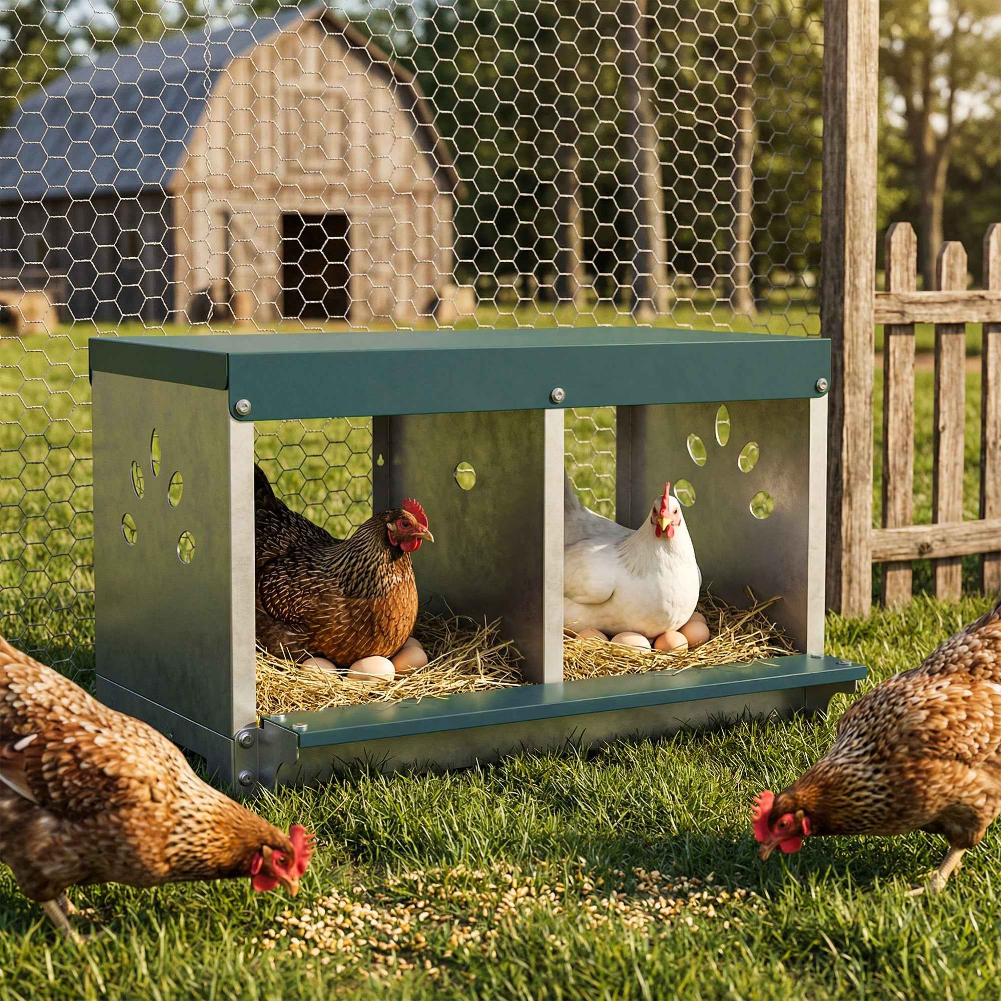 PawHut 2-Panel Steel Hen Nest with Raised Base, Roof and Ventilation Holes, Silver