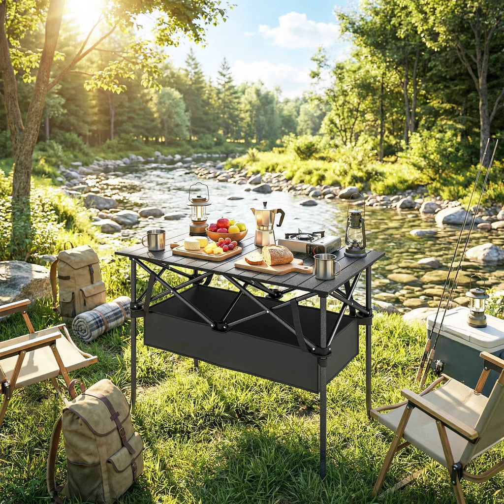 Outsunny Folding Camping Table with Metal Frame, Storage Net and Bag, 93x55x68 cm, Black