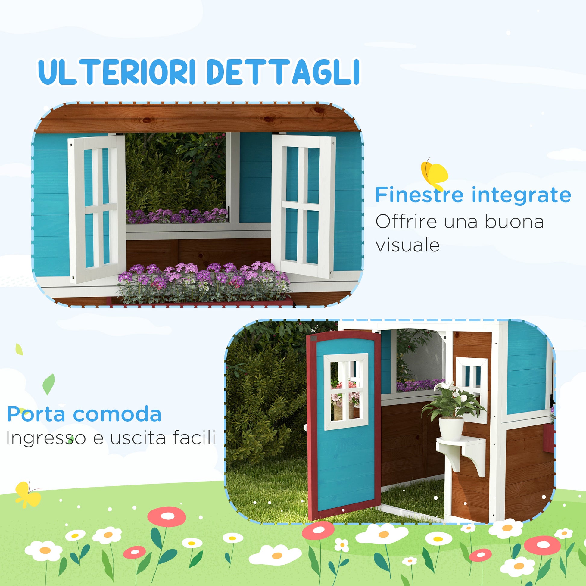 Outsunny Playhouse for Children 3-8 Years with Tilting Roof, Pots and Planters, in Fir Wood, 114x126.4x135 cm - Borgè