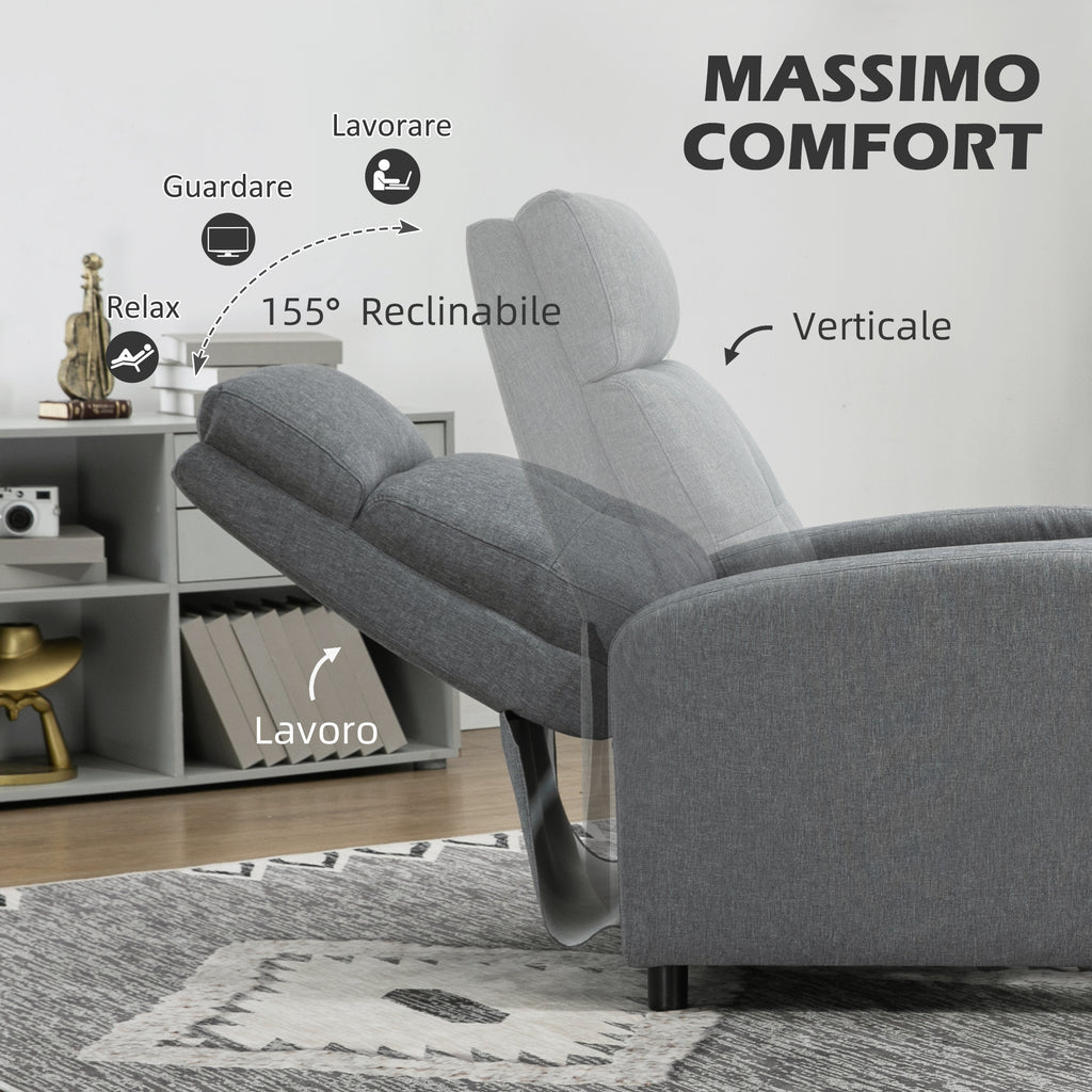 155° Max Reclining Chair in Grey Linen Effect Fabric with Footrest, 67x87x98 cm