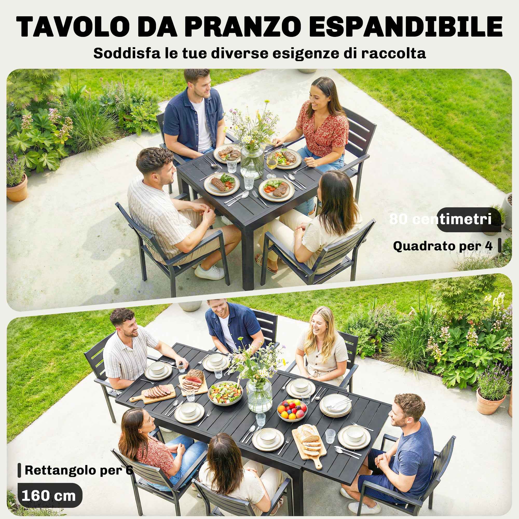 Outsunny Extendable Slatted Garden Table for 4-6 People, Made of Aluminum and Steel, 80/160x80 cm, Black