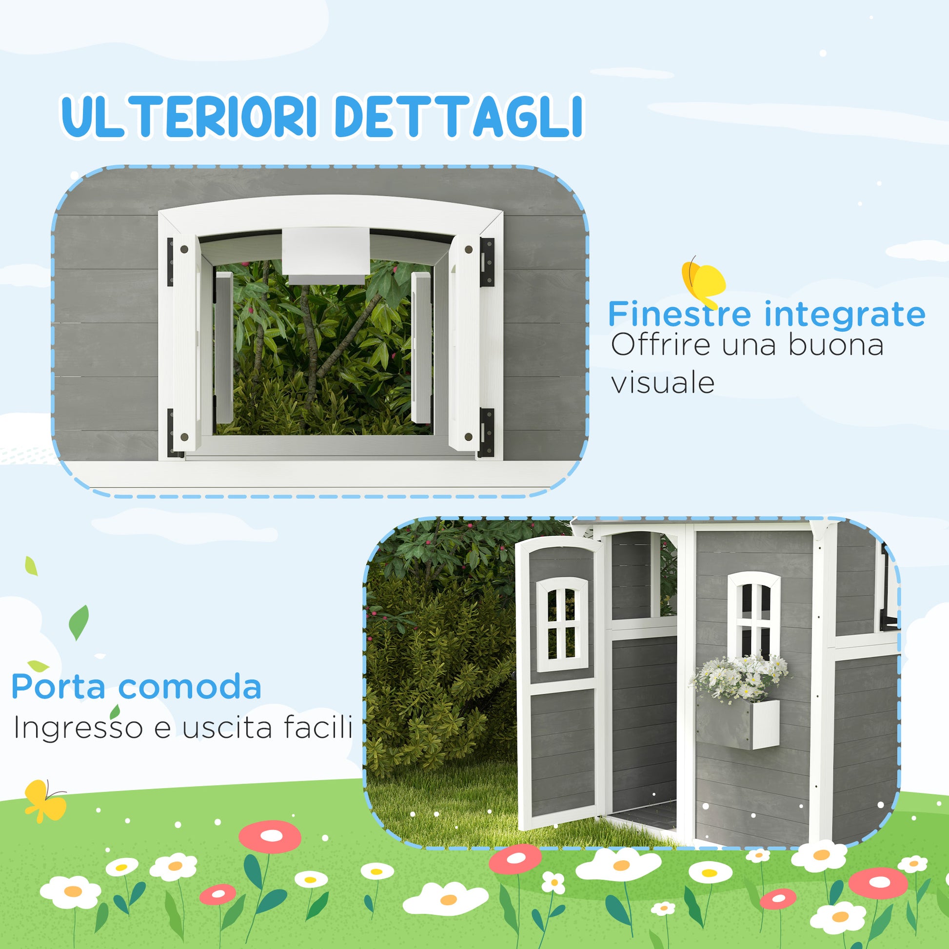 Outsunny Playhouse for Children 3-8 Years with 6 Windows and Planter, in Fir Wood, 104.5x110x137 cm, Gray - Borgè