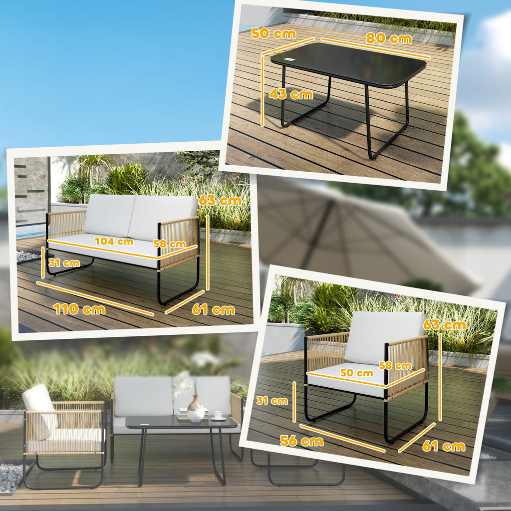 4 Piece Rattan and Steel Garden Set with Sofa, 2 Outdoor Armchairs and Low Table, Multicolor